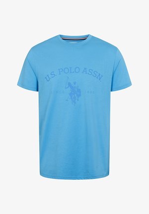 Modrá bavlněná tričko s grafickým potiskem póla hráče a textem "U.S. POLO ASSN." Klasický výstřih, krátké rukávy a volný střih.