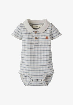 Babybody met korte mouwen met blauw ruitpatroon, witte kraag, borstzakje, twee houten knopen en druksluiting aan de onderkant.