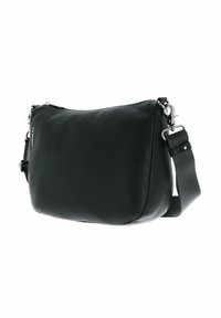 Sac bandoulière en cuir noir avec une finition texturée, forme arrondie, sangle réglable et accents en métal argenté.