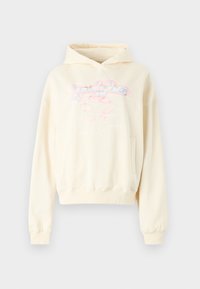 Cream-colored hooded sweatshirt with a loose fit, featuring front pocket and a graphic design in pink and blue on the chest.