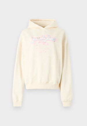 Cream-colored hooded sweatshirt with a loose fit, featuring front pocket and a graphic design in pink and blue on the chest.