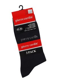 Black cotton men's socks in a 3-pack, with a smooth texture and a branded label. Size range 43-46. Packaging features red and black colors.
