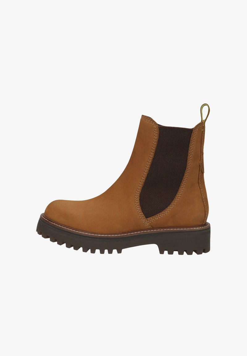 Botín de cuero marrón con panel lateral elástico, suela de goma texturizada y asa de tirón; cuenta con detalles de costura y punta redondeada.