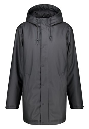 Schwarze kapuzen Regenjacke aus einem glatten, wasserabweisenden Material, mit Druckknöpfen, verstellbaren Kordeln und Seitentaschen.