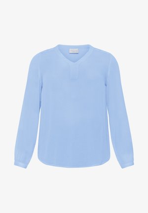 Svetlo modra bluzica z dolgimi rokavi, V-izrezom in diskretno teksturo. Ima ravno spodnje robove in rahlo nabirane manšete.