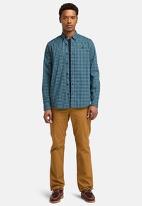 Camicia a quadri blu e verde, in tessuto di cotone, maniche lunghe, abbinata a pantaloni beige e scarpe da barca marroni.