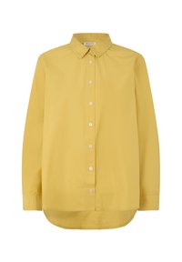Camicia gialla con colletto realizzata in cotone. Ha maniche lunghe, chiusura con bottoni, orlo arrotondato e bottoni bianchi in contrasto.