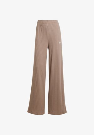 Kahvin ribattu leveälahkeinen housut, joissa on joustava vyötärö ja pieni valkoinen logoakcentti. Valmistettu pehmeästä kankaasta, jossa on teksturoitu kuvio.