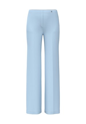 Light blue straight-leg pants with a high waist and button closure, displayed on a white background.