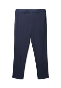 Pantalon bleu marine en tissu lisse, avec une coupe classique, des poches avant et une fermeture à bouton à la taille.