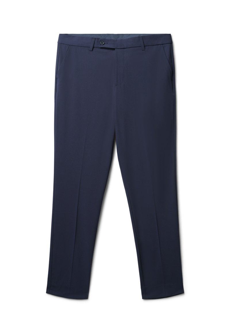 Pantalon bleu marine en tissu lisse, avec une coupe classique, des poches avant et une fermeture à bouton à la taille.