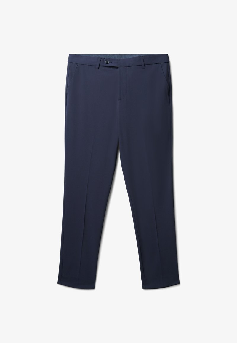 Pantaloni blu navy realizzati in tessuto liscio, dotati di un taglio classico, tasche anteriori e chiusura con bottone in vita.