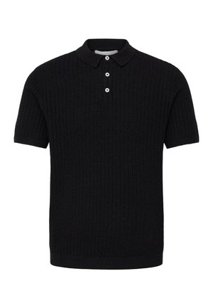 Must lühikeste varrukatega kootud polo särk tekstuurse mustriga ja kolme valge nupuga krae plaketil.