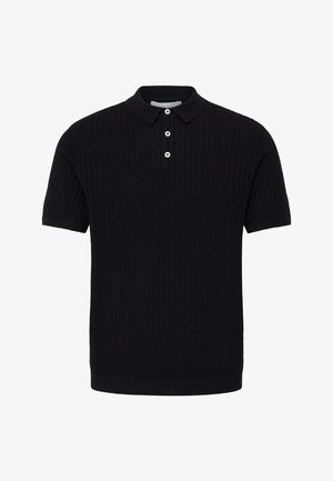 Zwart kort mouw gebreid poloshirt met een gestructureerd patroon en drie witte knopen op een platte kraag.