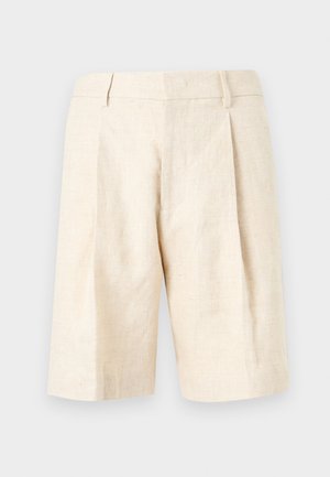 Beige Leinen-Shorts mit hoher Taille, vorderen Falten, Gürtelschlaufen und geradem, knielangem Schnitt.