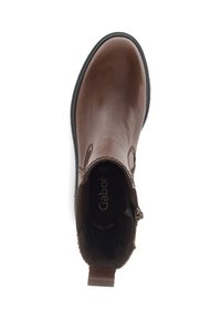 Brown leather ankle boot with a smooth finish, rounded toe, and a side zipper. Features a low heel and textured black sole. Gabor branding visible.