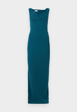 Vestido largo en tono agua con una silueta ajustada, escote profundo y tirantes anchos; tejido suave con cierre de cremallera en la parte posterior.