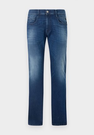 Blue straight-leg jeans with slight fading on thighs and knees, front button closure, and five-pocket design.