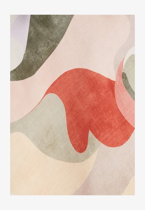 Abstrakta auduma gluda tekstūra ar izliektiem elementiem bālganskās krāsās: rozā, sarkanā, pelēkā un krējuma. Pamanāmas smalkas rakstu variācijas visā virsmā.