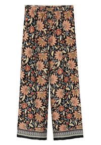 Pantalon noir à jambes larges avec imprimé floral orange, beige et rouge, taille élastique, cordon de serrage et bordure décorative à l'ourlet.