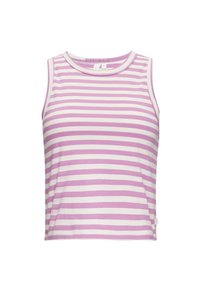 Violetti ja valkoinen raidallinen ilmanhiha crop-top, joka on valmistettu pehmeästä kankaasta. Siinä on pyöreä pääntie ja embroidered-tagi sivussa.