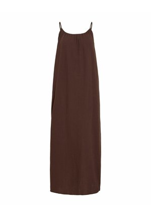 Brązowa, bezrękawnikowa sukienka maxi z cienkimi ramiączkami i luźnym, zwiewnym krojem.