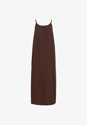 Brązowa, bezrękawnikowa sukienka maxi z cienkimi ramiączkami i luźnym, zwiewnym krojem.