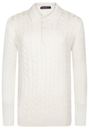 Suéter blanco de punto con cuello tipo polo, que presenta un patrón de trenzas texturizado, mangas largas y puños y dobladillo acanalados. Con tapeta de tres botones.