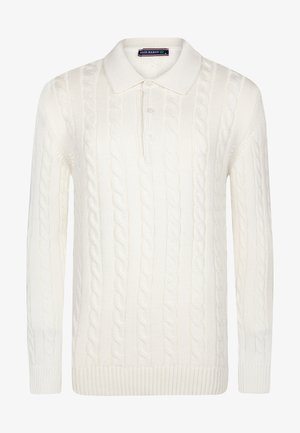 Weißer Strickpullover mit Polokragen, mit strukturiertem Kabelmuster, langen Ärmeln und gerippten Bündchen und Saum. Mit einer Drei-Knopf-Leiste.