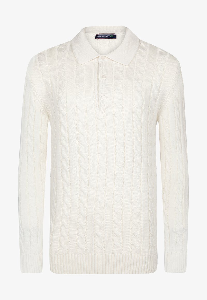 White knitted sweater with a polo collar, featuring a textured cable pattern, long sleeves, and ribbed cuffs and hem. Three-button placket.