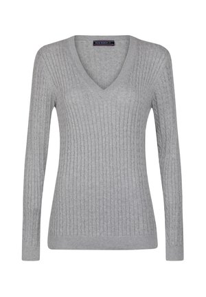 Pull en tricot gris avec un décolleté en V, des manches longues et un motif en relief. Fini avec une bordure et des poignets côtelés.