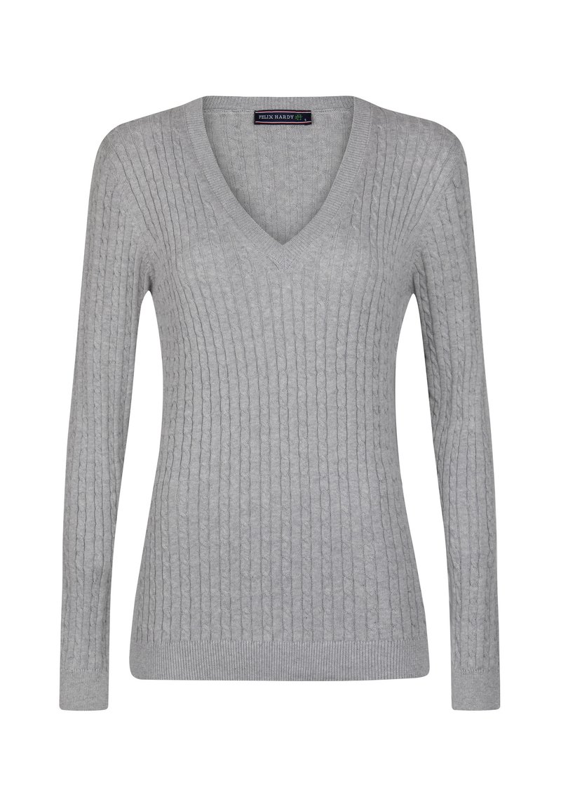 Maglione grigio a maglia con scollo a V, maniche lunghe e un motivo a coste testurizzato. Rifinito con orlo e polsini a coste.