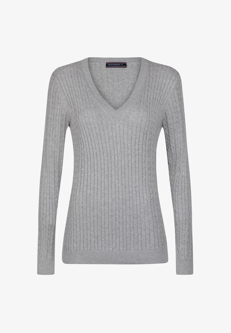 Grauer Strickpullover mit V-Ausschnitt, langen Ärmeln und einem strukturierten Rippmuster. Mit einem gerippten Saum und Bündchen versehen.