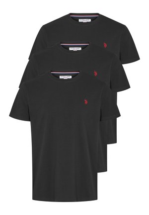 Black cotton t-shirts stacked, featuring a crew neckline, short sleeves, and subtle red logo on the chest. Smooth texture and simple design.