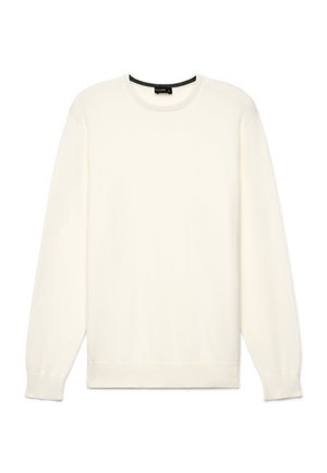 Maglione bianco semplice a maniche lunghe con collo rotondo, polsini e orlo a coste, mostrato su sfondo bianco.