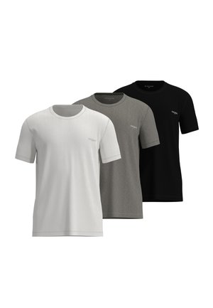 Three plain short-sleeve crew neck T-shirts in white, grey, and black, each with small logo text on the left chest.