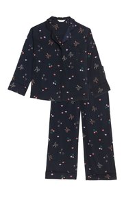 Marinblå pyjamasset bestående av långärmad skjorta med knappar och ficka samt byxor, prydd med färgglada frukt- och hjärtmotiv. Slät tygkvalitet.