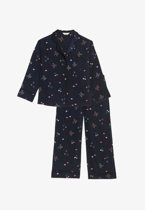 Marineblauw pyjama-set met een lange mouw knoopsluiting bovenkant met pocket en broek, versierd met kleurrijke fruit- en hartpatronen. Soepele stoftextuur.