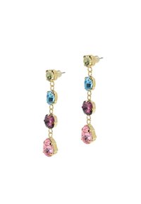 Gouden hangende oorbellen met vier veelkleurige facetta-stenen in groen, blauw, paars en roze, met een schakeldesign.