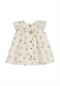 Robe en coton à motifs floraux avec de courtes manches volantées, fond crème, motifs de fleurs jaunes, roses et bleues, et fermetures à boutons en bois.