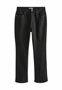Svarta bomullsjeans med rak passform, med metallnitar, bältesöglor och en klassisk knäppning. Slät textur.