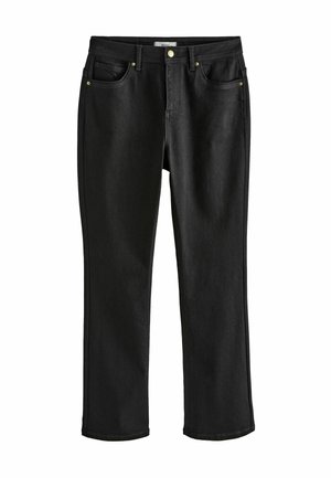 Svarta bomullsjeans med rak passform, med metallnitar, bältesöglor och en klassisk knäppning. Slät textur.