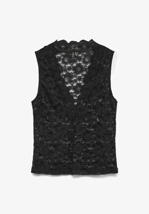 Črna brezrokavna majica z cvetličnim čipkastim vzorcem, obrobo z valovitim robom in strukturiranim vzorcem po celotni površini. Lahka tkanina z prileganjem.