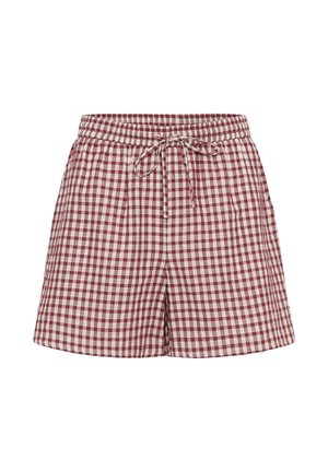 Shorts à carreaux marron et blancs avec taille élastique et cordon de serrage devant, en tissu léger, présentés sur un fond blanc uni.