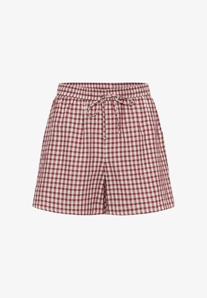 Shorts à carreaux marron et blancs avec taille élastique et cordon de serrage devant, en tissu léger, présentés sur un fond blanc uni.