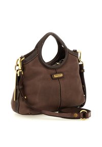 Borsa a mano in pelle marrone con manici rotondi, tracolla removibile, hardware dorato e placca con logo del brand sul fronte.