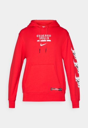 Sudadera de algodón roja con un bolsillo tipo canguro. Presenta "CHICAGO BULLS" y el logo de Nike en blanco. Mangas largas con gráficos del logo del toro.