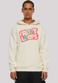 Cream pullover hoodie made of soft fabric, featuring a graphic "Frost Loops" logo in colorful, bold lettering. Kangaroo pocket included.