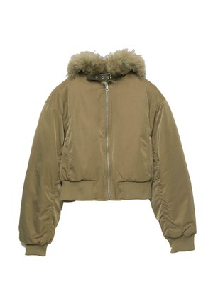 Gekürzte olivgrüne Bomberjacke mit Reißverschluss vorne, gerippten Manschetten und Kapuze aus Kunstfell. Glattes Gewebe mit gepolsterter Textur. Silberne Hardware-Details.
