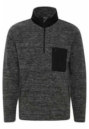 Grau meliertes Quarter-Zip-Pullover aus strukturiertem Stoff, mit einer schwarzen Tasche mit Reißverschluss und schwarzen Kragenakzenten. Mit seitlichen Eingrifftaschen.